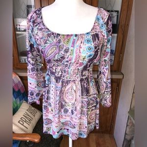 JORDACHE SIZE M 7/9 SEMI SHEER PEASANT TOP WITH BELL SLEEVES RUCHED FRONT PURPLE